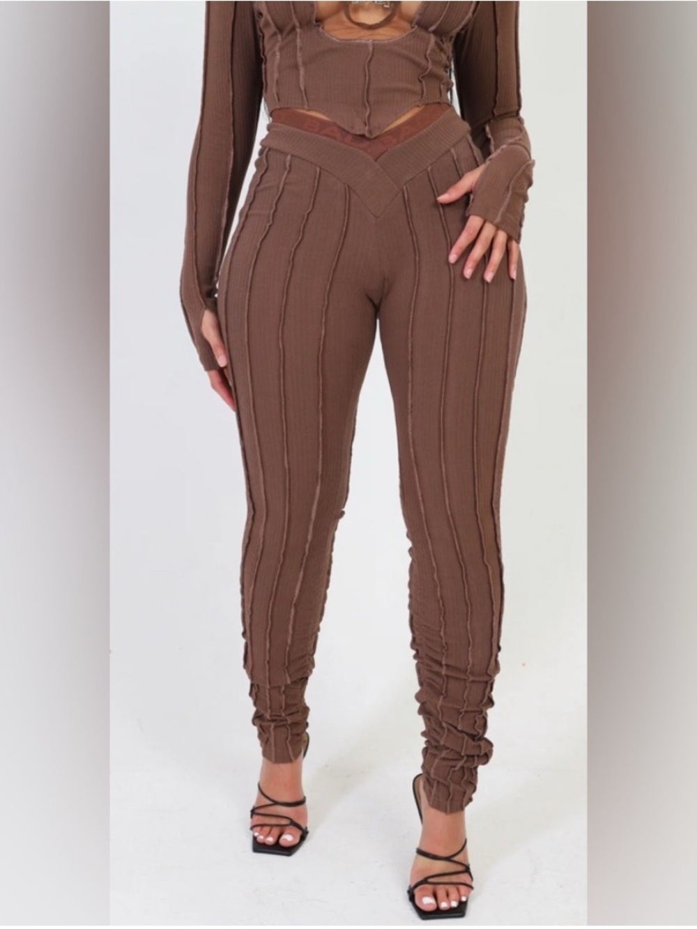 Bad Society Club: ICY RIBBED STRETCH PANTS- MOCHA BROWN Size XS